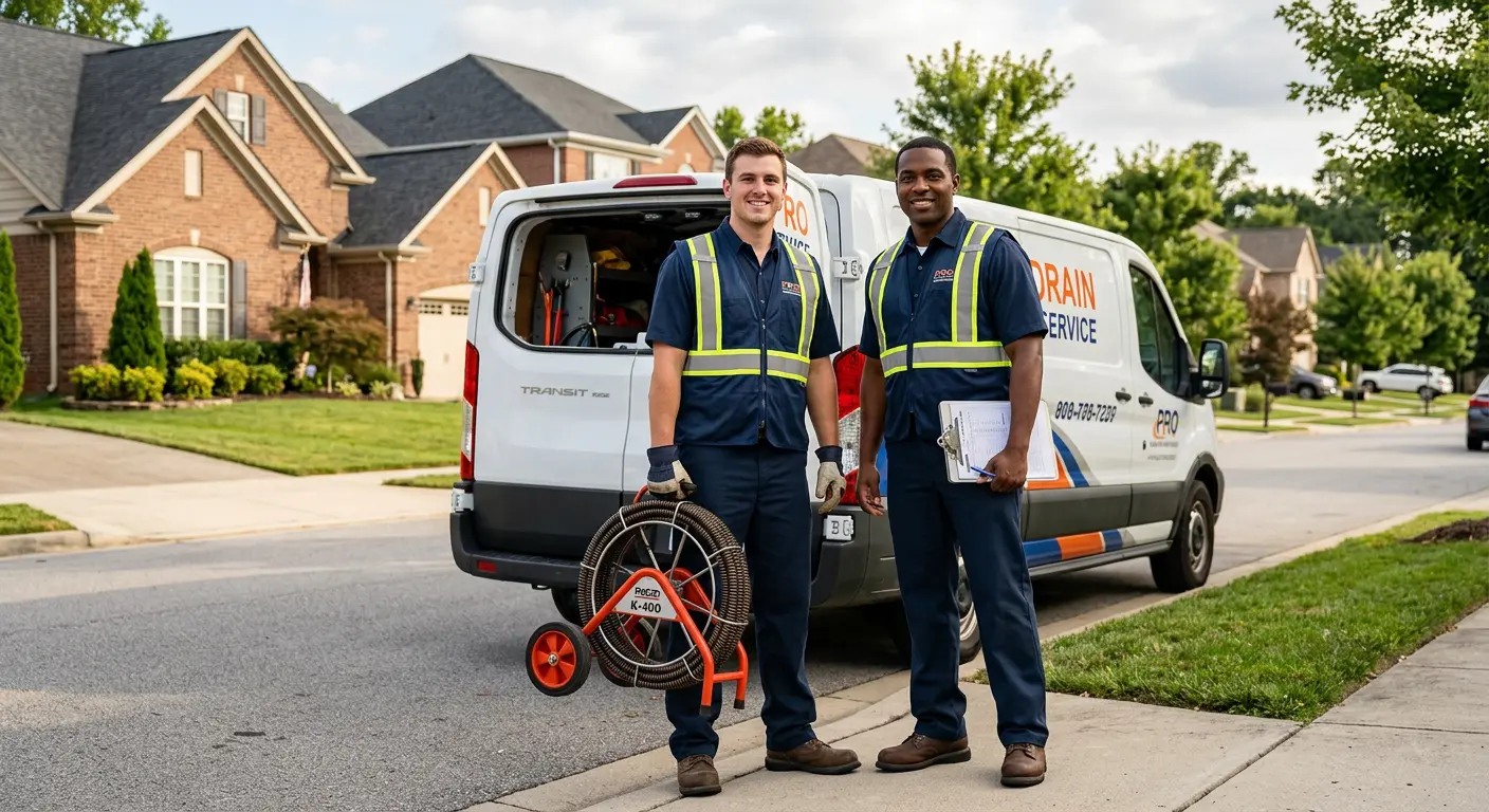 Sewer and drain service team with equipment ready for work in Frankfort