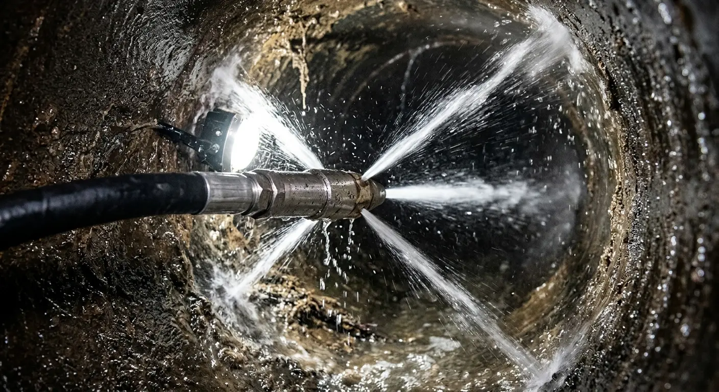 High-pressure hydro jetting nozzle cleaning sewer pipe for Trenchless Sewer Repair in Frankfort