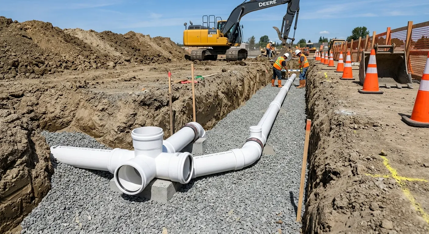 New PVC sewer pipe installation in open trench for Grease Trap Cleaning in Frankfort