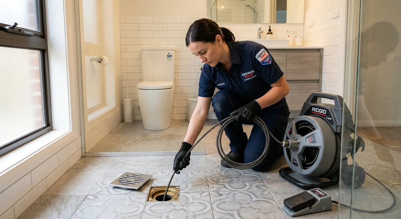 Technician clearing a bathroom floor drain for Sewer Line Installation in Frankfort